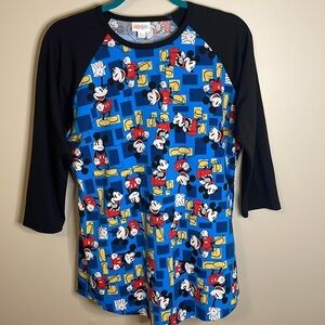 LULAROE Mickey Mouse Expressions Top Blue 3/4 Sleeve Size L